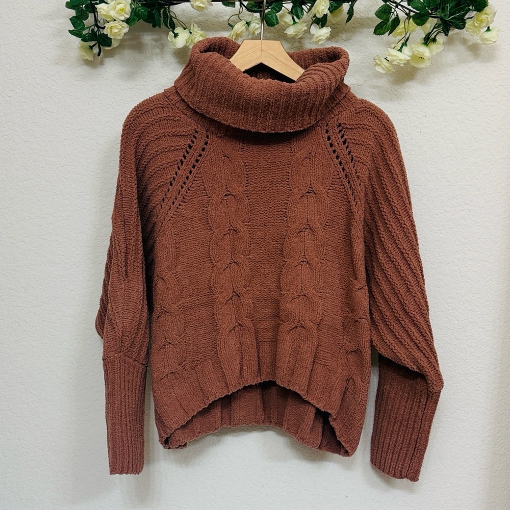 Moon & Madison • Rust Brown Chenille Cable Knit Oversized Turtleneck Sweater